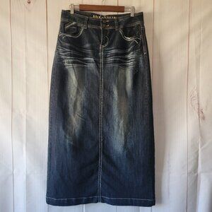 Y2K Hydraulic Denim Maxi Jean Skirt, Women’s 9/10, Embroidered Pockets, EUC